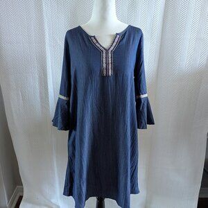 Naif Embroidered Bell Sleeve Chambray Denim Dress Boho Blue Size Medium Relaxed